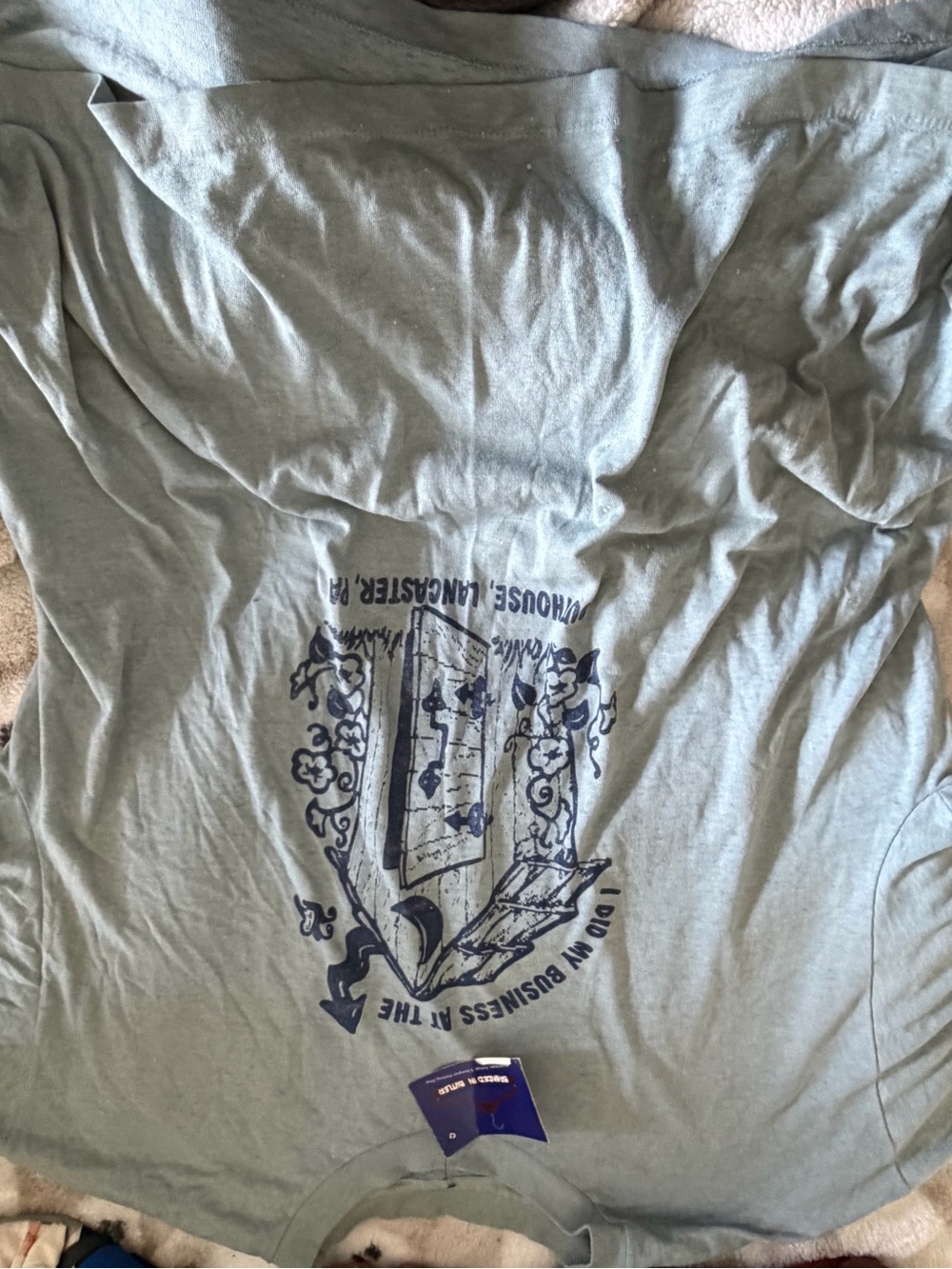 Graphic Pocket Tee in Sage Green with Navy Print